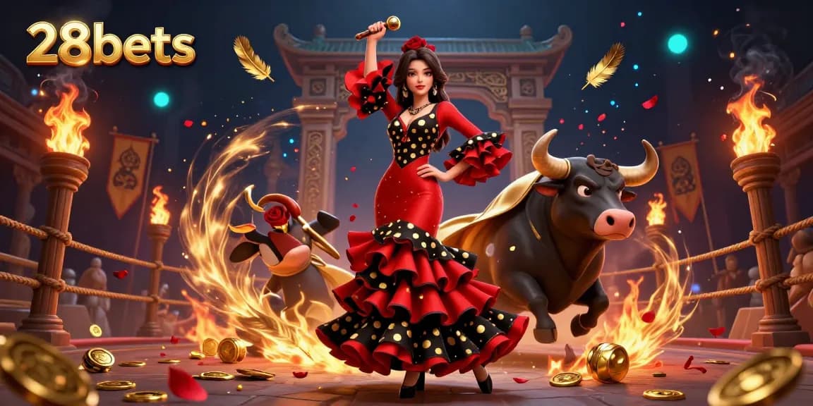 Experience thrilling challenges with 28bets as a flamenco dancer and a fighting bull ignite excitement in this vibrant casino illustration.