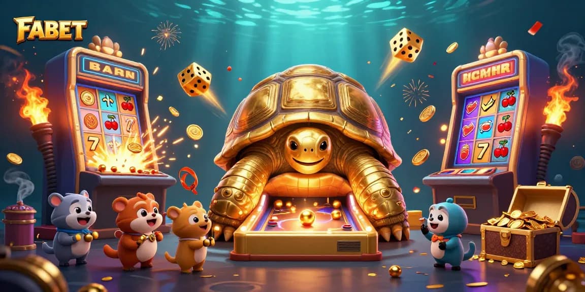 Experience thrilling gameplay with FABET's vibrant 3D casino scene, showcasing exciting slot machines and golden treasures.