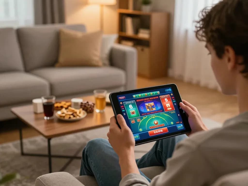 Player engaged in online gaming with nhà cái GG88 on a tablet in a cozy home setting.