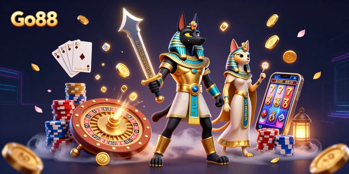 Engage with Go88's thrilling games featuring Anubis and Bastet amidst vibrant casino elements.