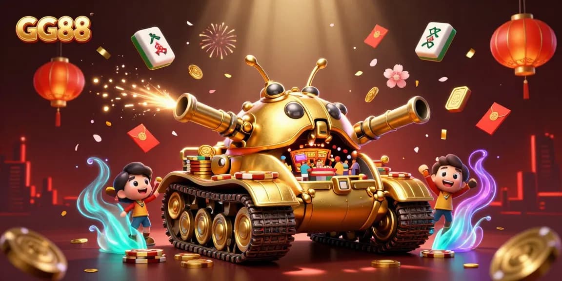 Experience GG88's dynamic casino action with a golden beetle tank revealing a miniature casino inside.