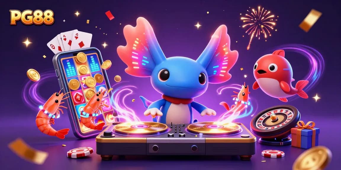 Experience PG88 with a neon axolotl DJ spinning games and excitement in a vibrant underwater scene.