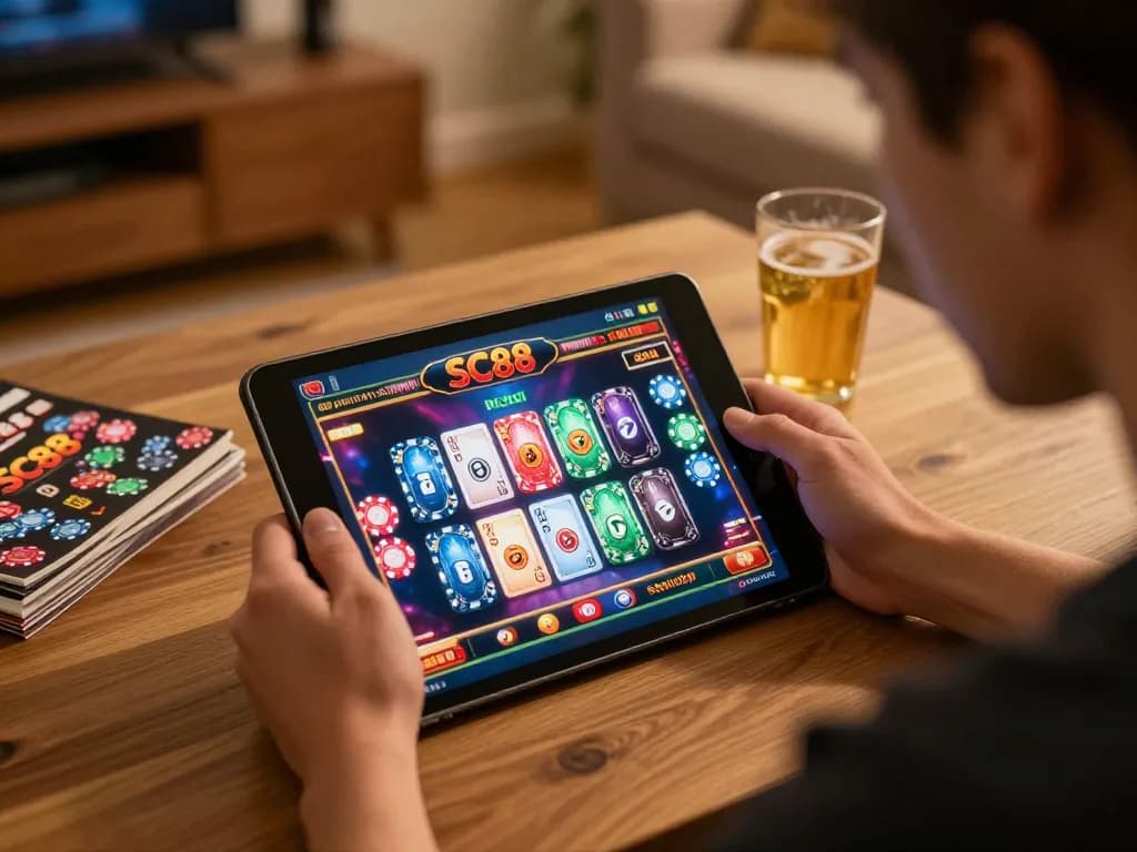 Engaging in strategic gameplay of SC88 online casino game in a cozy at-home setting