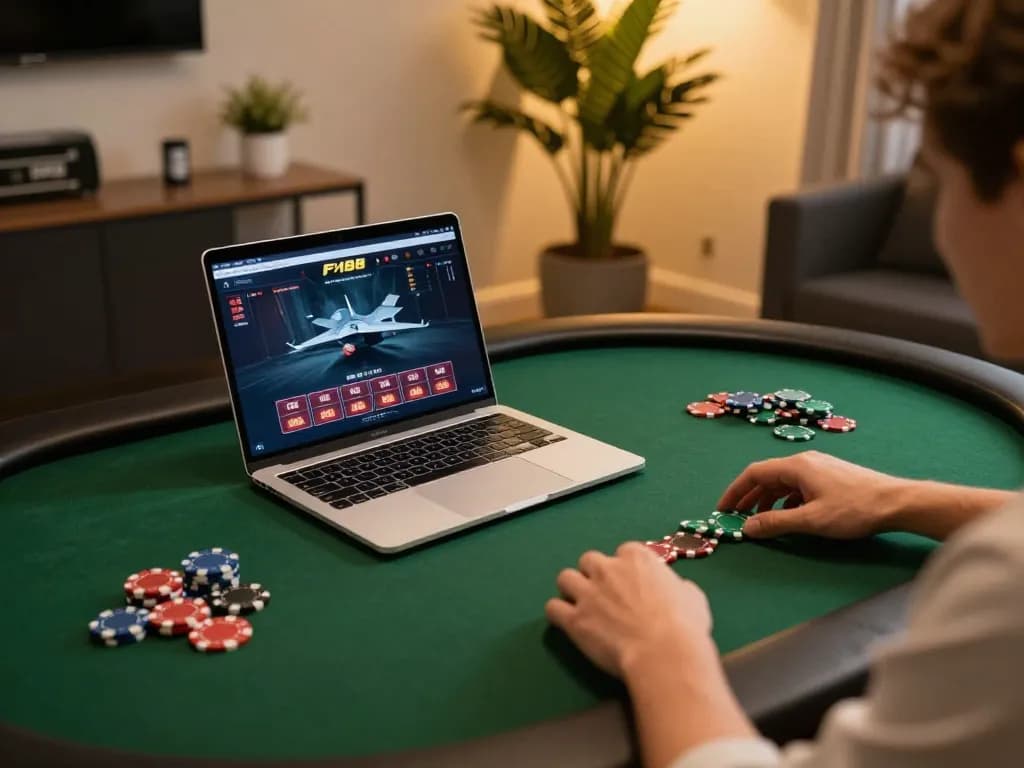 Players engaging in online games at F168 casino on stylish laptop with warm ambiance.