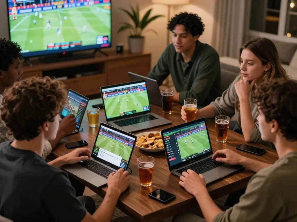 Friends engaged in live sports betting on keonhacaii88 with multiple devices and excited reactions