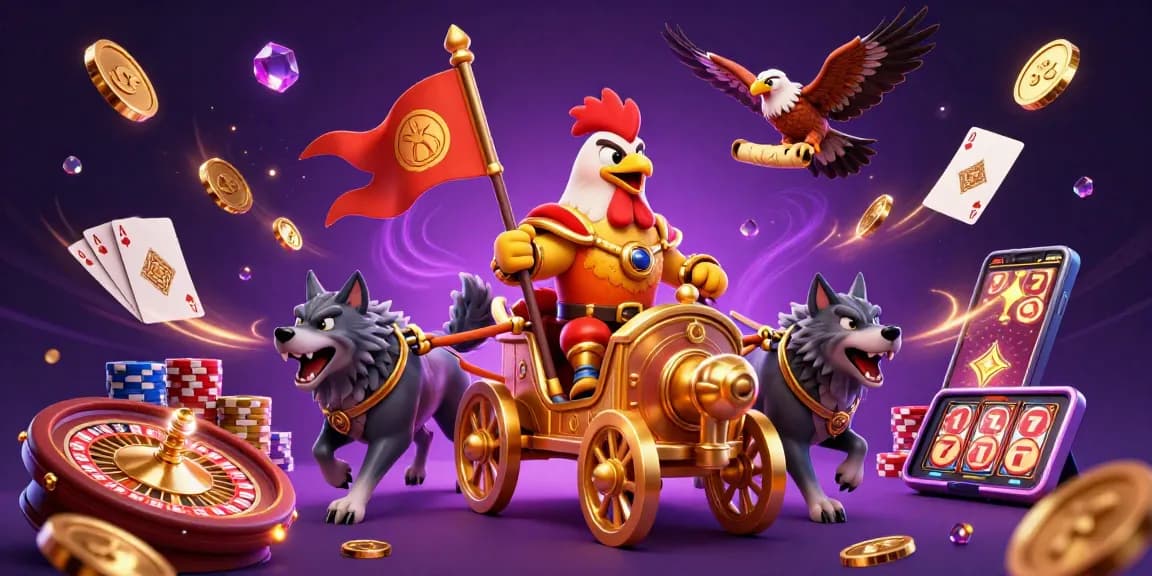 Engage in exciting gambling adventures with hu, featuring a rooster warlord and golden treasures.
