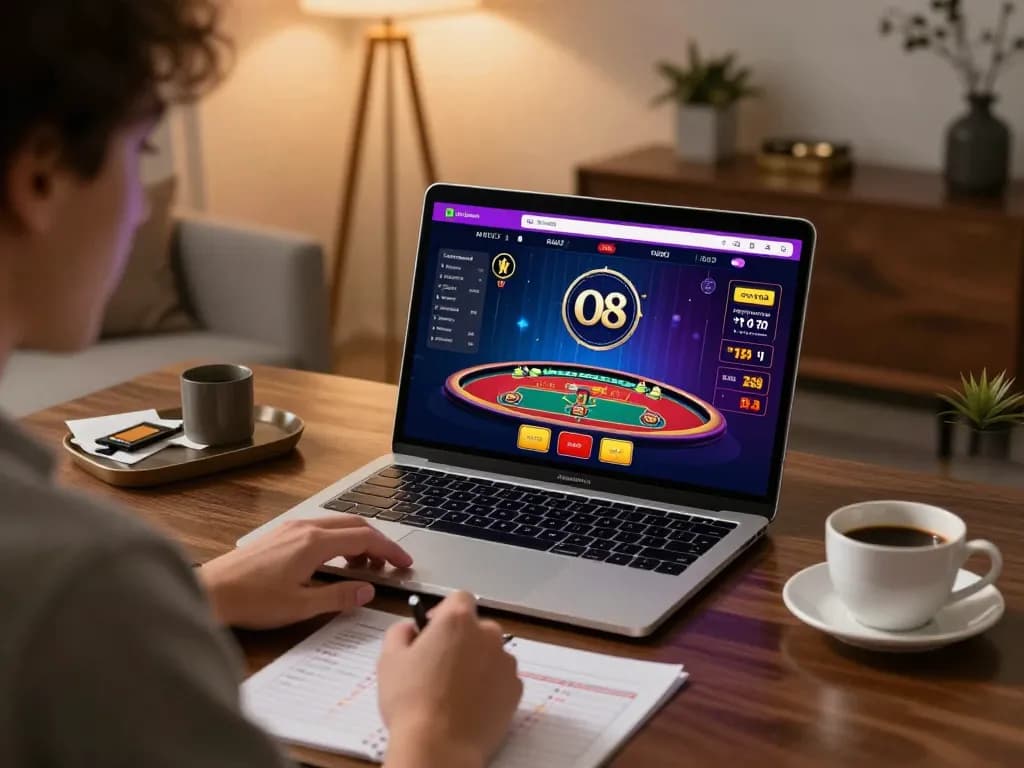 Engaging with the O8 online casino platform while strategizing gameplay.