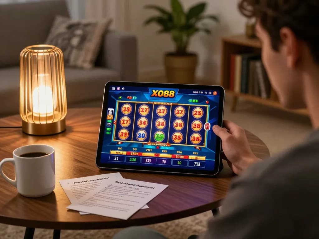 Player enjoying XO88 slots while managing bankroll in a cozy home setting.
