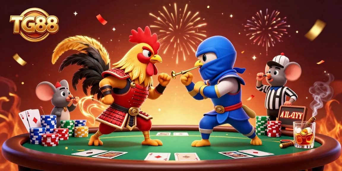 Experience thrilling moments with TG88's fighting roosters and poker elements in a vibrant casino scene.