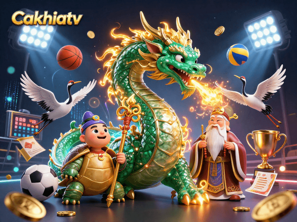 Cakhiatv showcases an epic scene of a jade dragon, turtle sage, and cranes in a vibrant, dynamic casino setting.