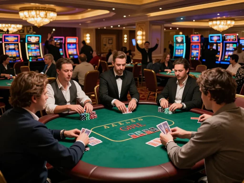 ve88 players strategizing during a dynamic poker game with vibrant casino atmosphere.