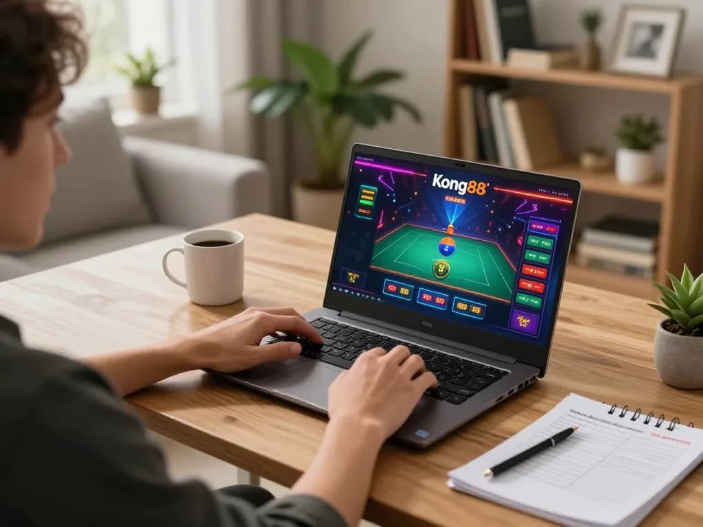 Kong88 player engaging in online casino gaming on laptop with strategy notes.