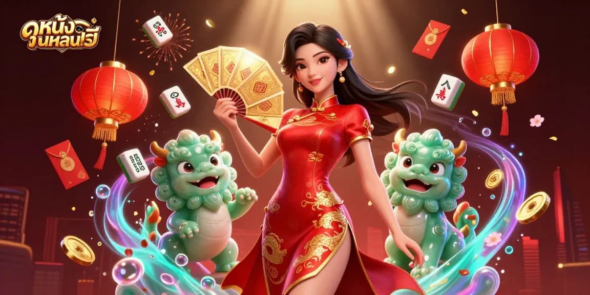 Engage in ดูหนังออนไลน์ฟรี with an elegant Asian woman in a qipao, golden playing cards and vibrant casino elements.