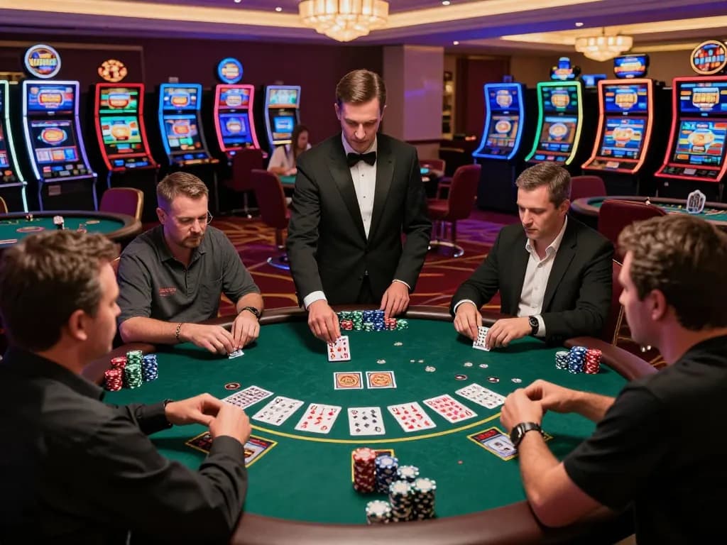 Players strategizing at a u888 Blackjack table in a luxurious casino setting.