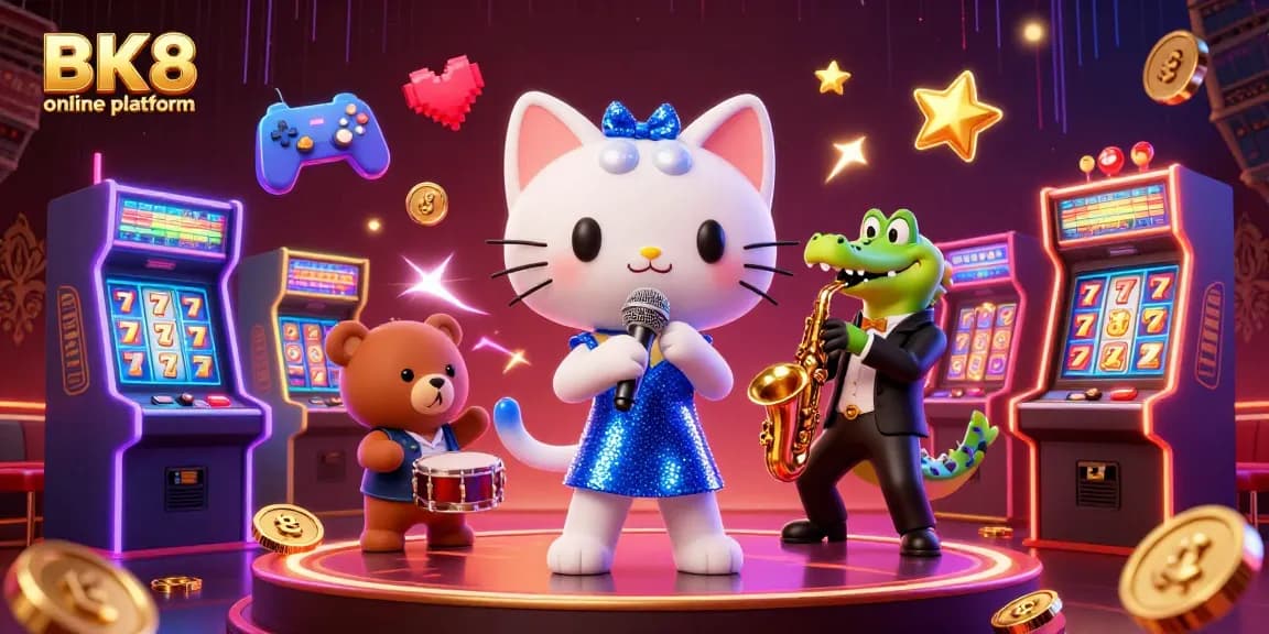 Engage with the BK8 online platform in an animated casino scene featuring lively characters and gaming elements.