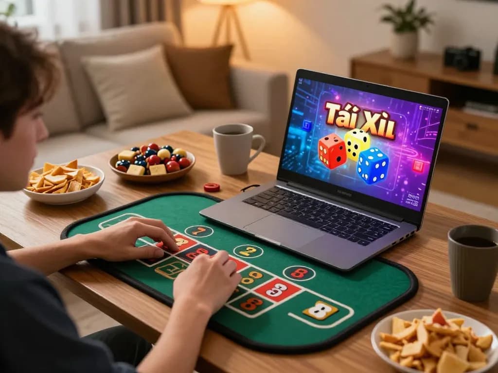 Tài Xỉu online gaming session with animated dice rolls on laptop screen.
