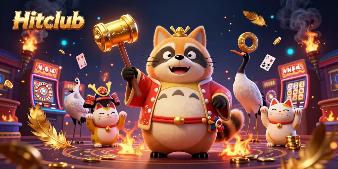 Hitclub features a cheerful tanuki and samurai crane amidst rich casino gaming elements.