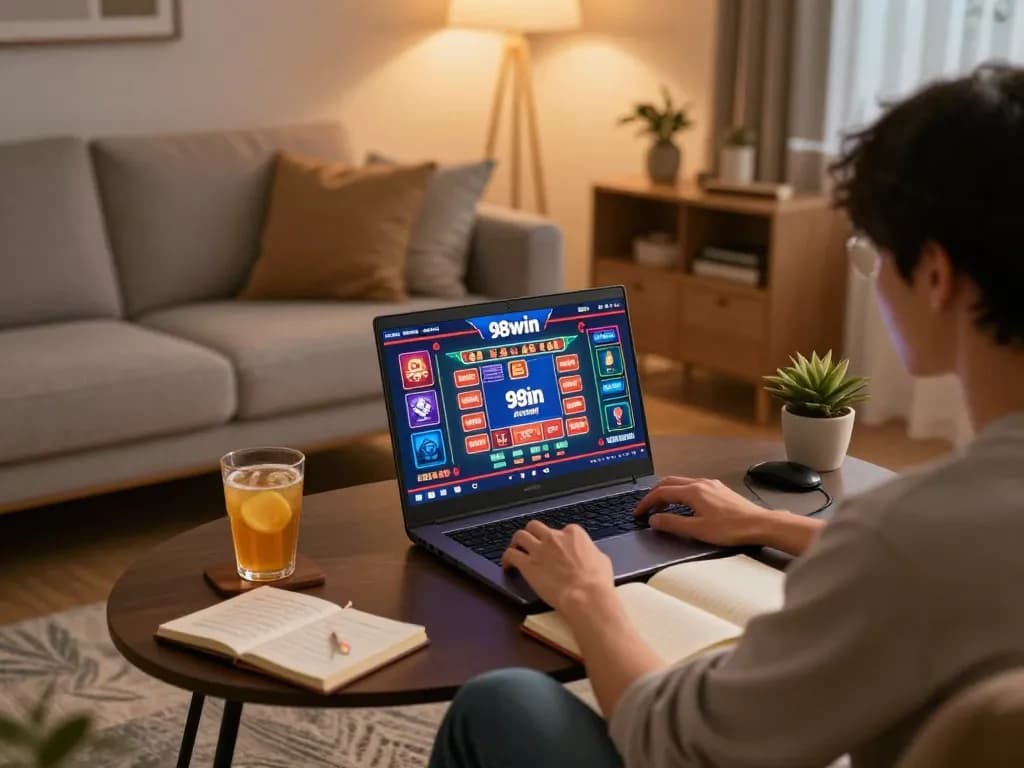 Engaged player enjoying 98win on their laptop, emphasizing strategic online gaming.