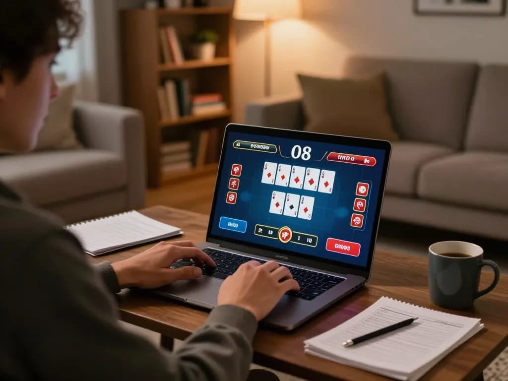 O8 online poker gameplay in a cozy home setting with a player focused on their laptop.