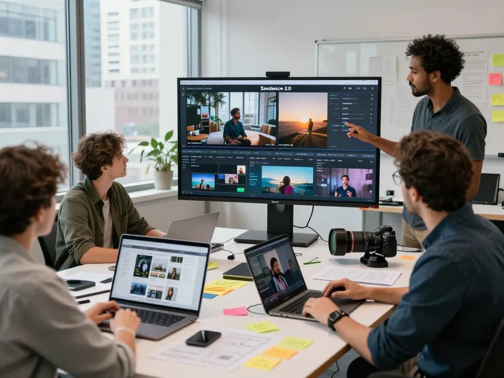 Video creators collaborating on AI-generated projects using seedance 2.0 in a modern studio environment