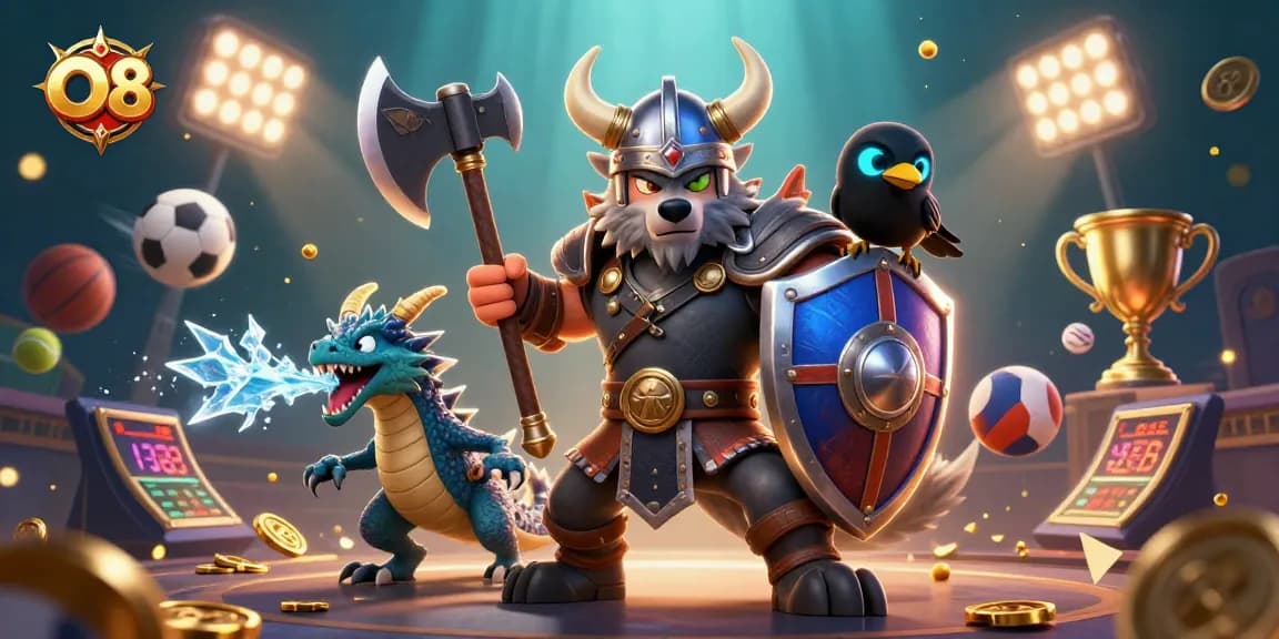Experience thrilling O8 gaming with striking Viking warriors and mystical creatures amidst vibrant casino elements.