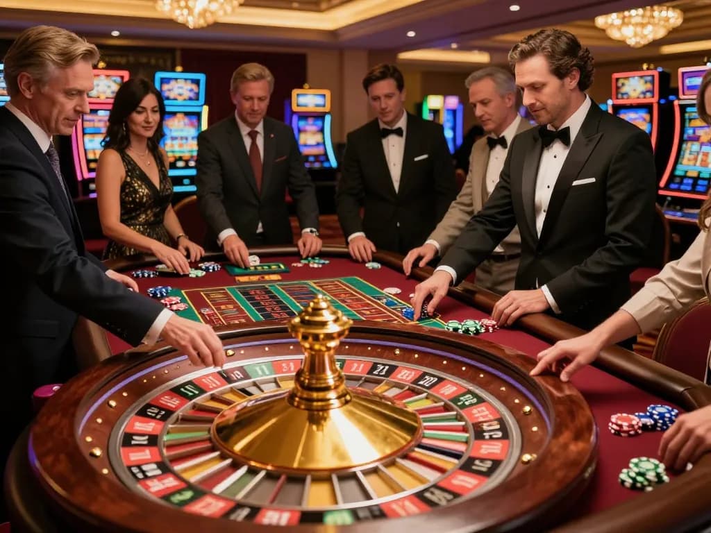 Experience the thrill of betting at hoiquantv247's roulette table with players and vibrant casino atmosphere