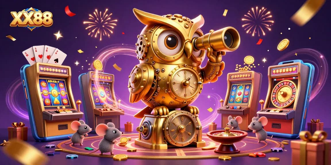 Experience the excitement of XX88 as the cartoon owl surveys a casino, surrounded by vibrant gaming elements.