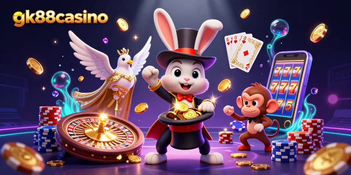 Play and win at gk88casino with our colorful casino adventure featuring a magician, dove, and monkey.