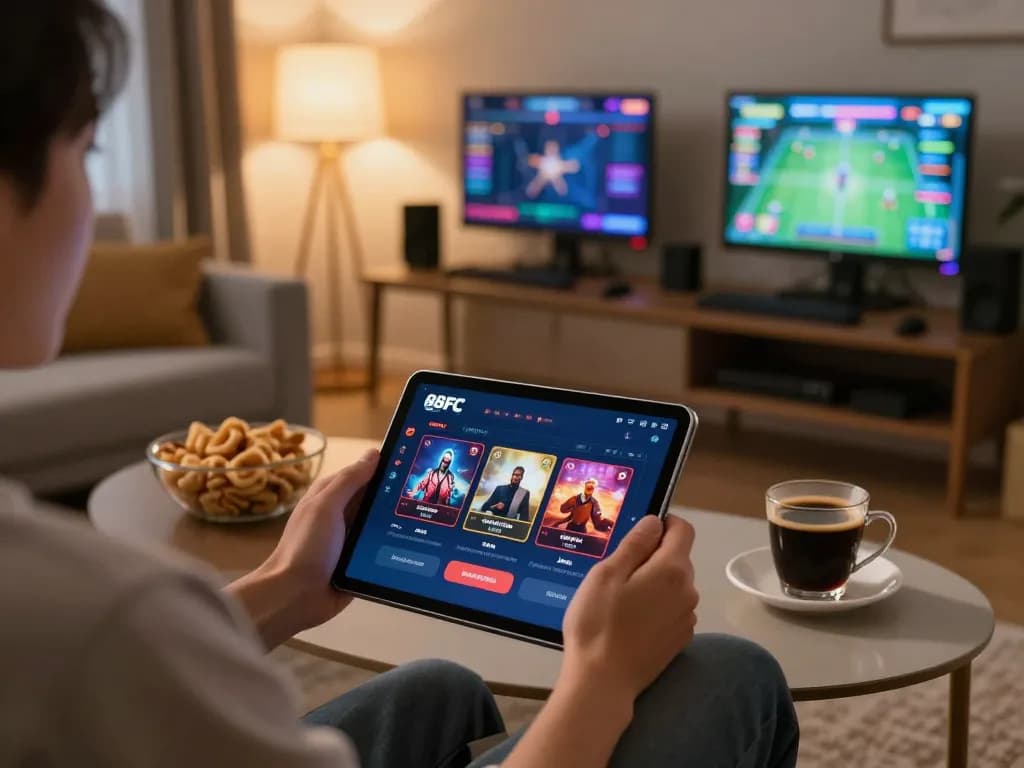 Engaging with the 88FC casino app on a tablet in a cozy home setting, showcasing responsible gaming.