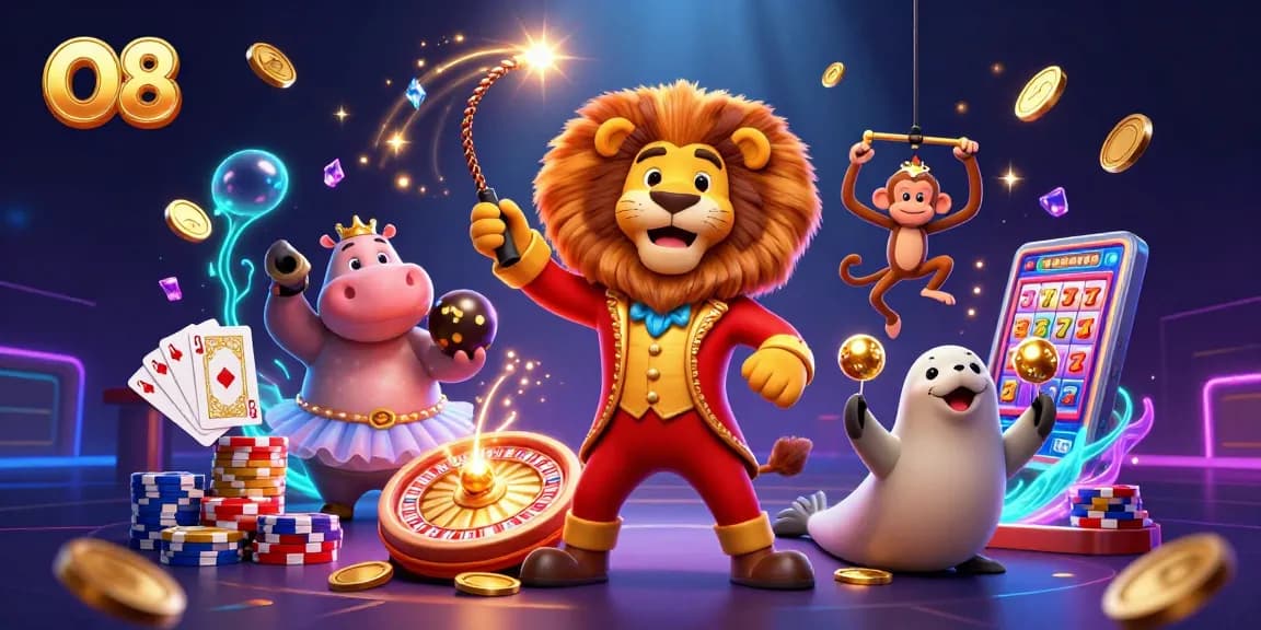 Experience thrilling games at O8 with a vibrant circus-themed casino scene featuring lively characters.