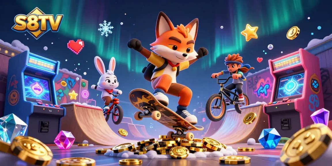 S8TV showcases a vibrant gaming scene with a skateboarder fox and BMX rabbit amid casino wonders.