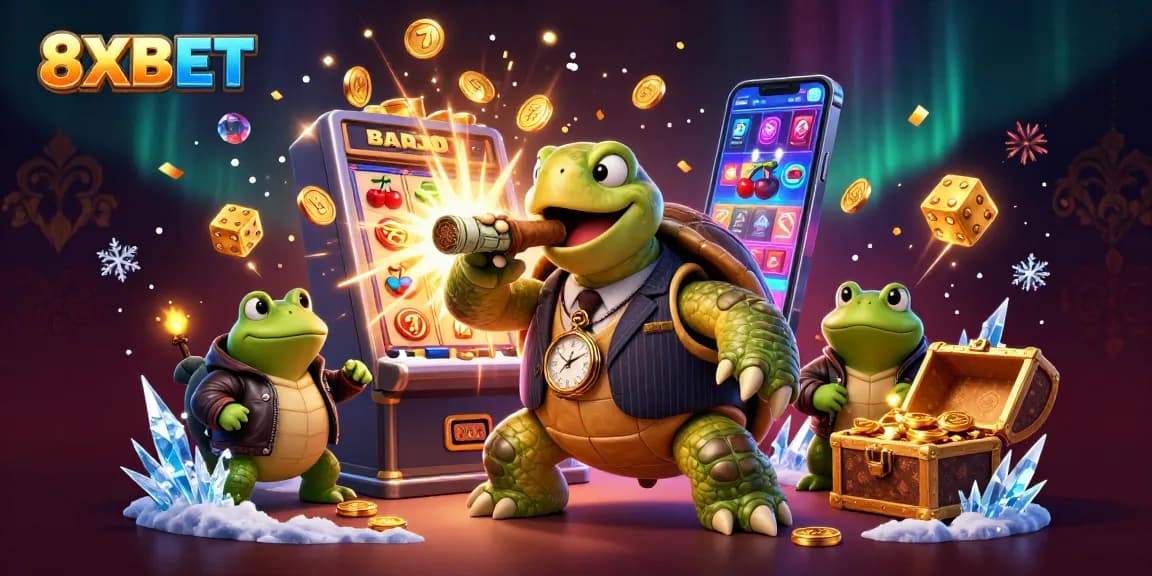 Experience thrilling gameplay with 8XBET, featuring a snapping turtle and bullfrog enforcers amidst a casino setting.