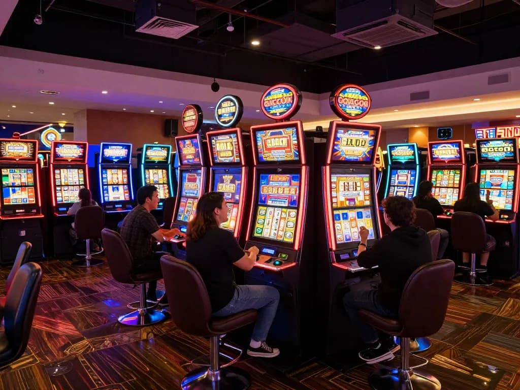 Players engaging with Slot Gacor machines amidst vibrant casino atmosphere