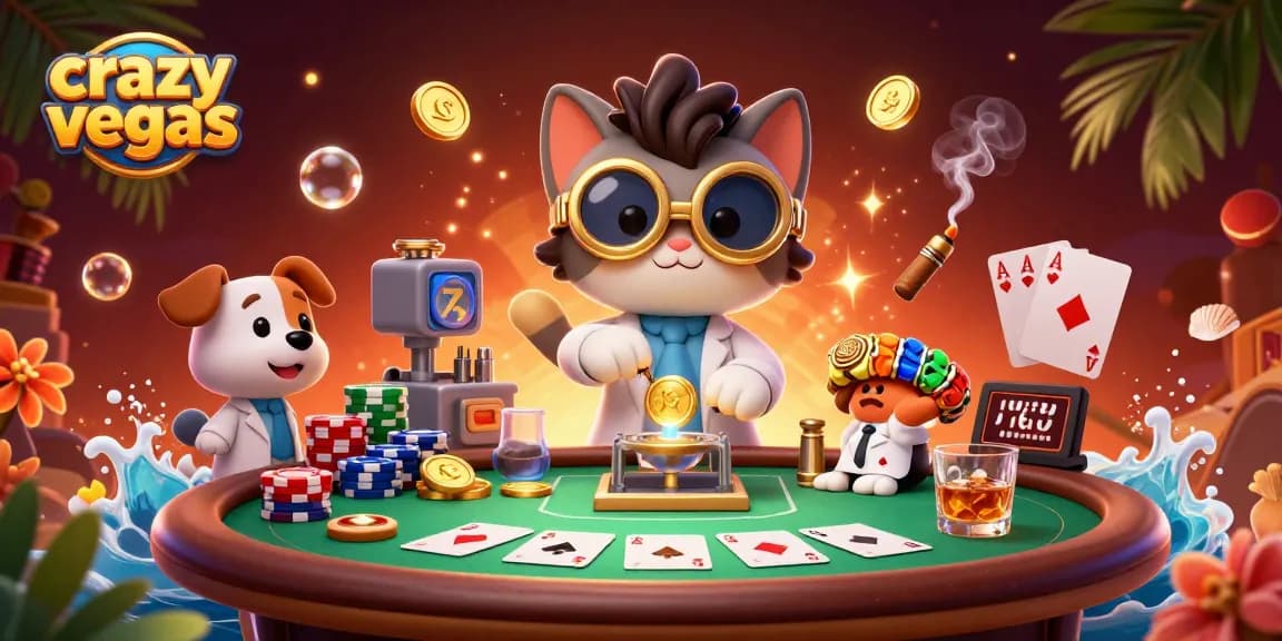 Experience crazyvegas with an energetic 3D scene showcasing a mad scientist cat and loyal dog amidst poker chips and cards.