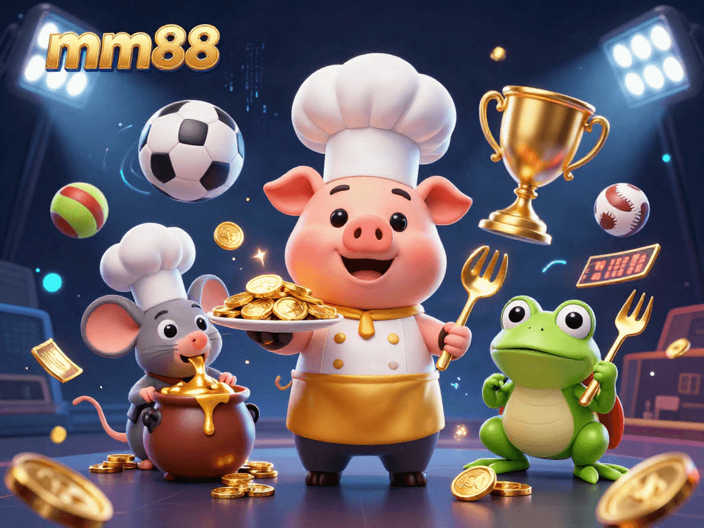 Bet on mm88 with a vibrant 3D illustration of a chef pig serving gold coins in a dynamic casino scene.