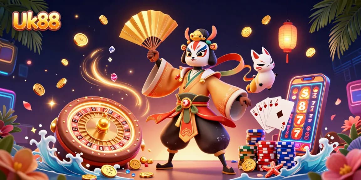 Experience thrilling gameplay with Uk88 and vibrant casino elements in a dynamic 3D illustration.