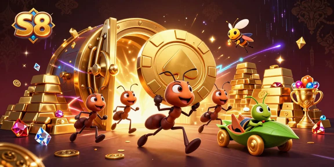 S8 captures a thrilling heist scene with ants, a firefly, and a grasshopper in an engaging casino atmosphere.