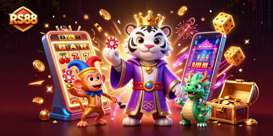Join the excitement at RS88 with a majestic white tiger, golden monkey, and magical jade dragon amidst vibrant casino elements!