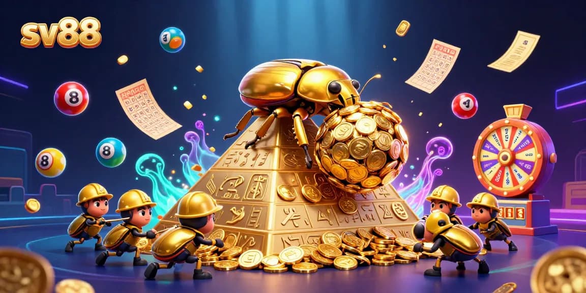 Engage with sv88 as golden dung beetles roll coins in a vibrant casino scene.
