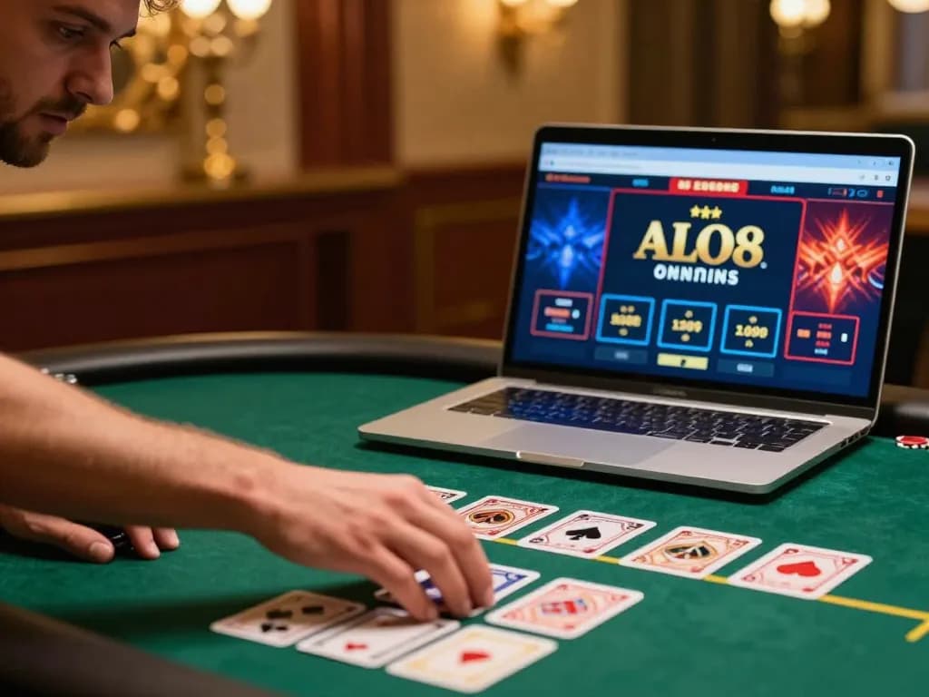 Player making strategic decisions while gambling at ALO8 online casino poker table.