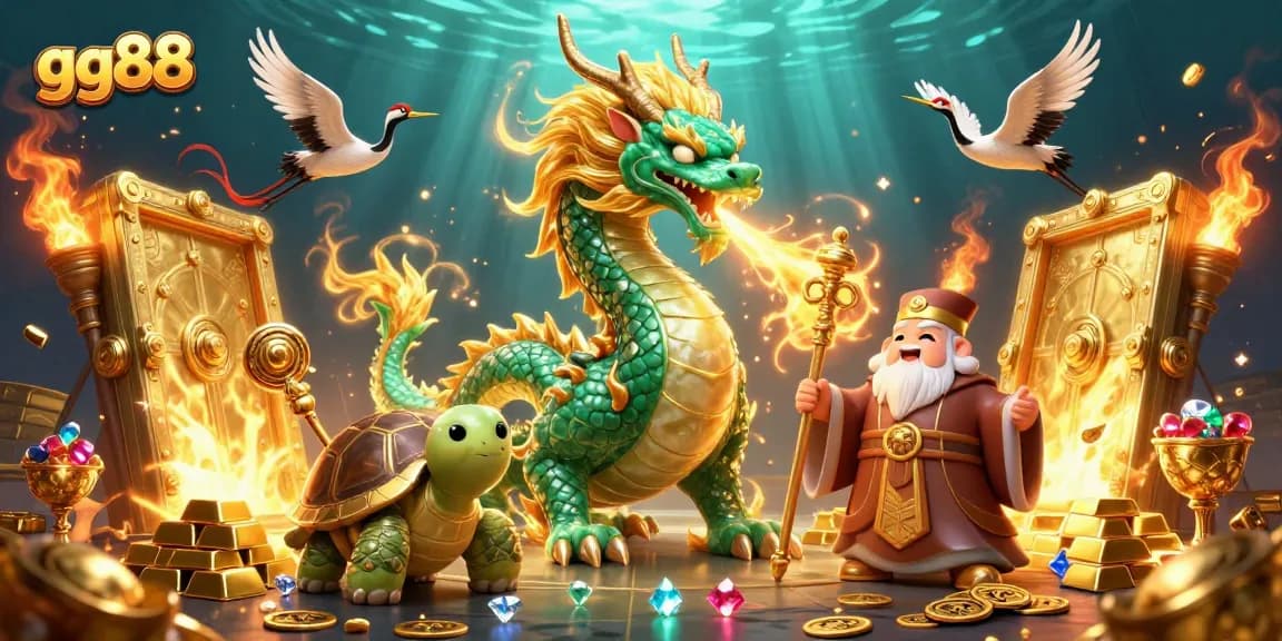 Experience thrilling gameplay at gg88 with a majestic jade dragon and lucky cranes amidst treasure and gems.