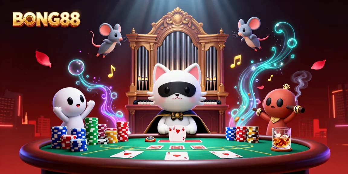 Experience thrilling gaming action at BONG88 with vibrant casino scene featuring a cat and mouse duo.