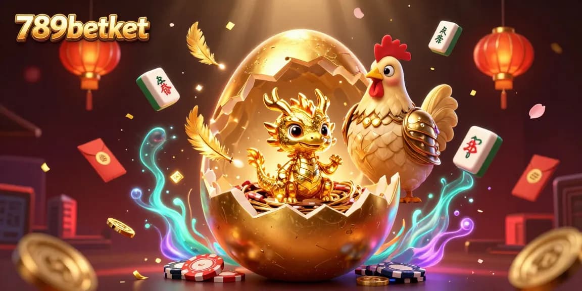 Experience thrilling gameplay at 789betket with a golden egg cracking revealing a treasure of poker chips.