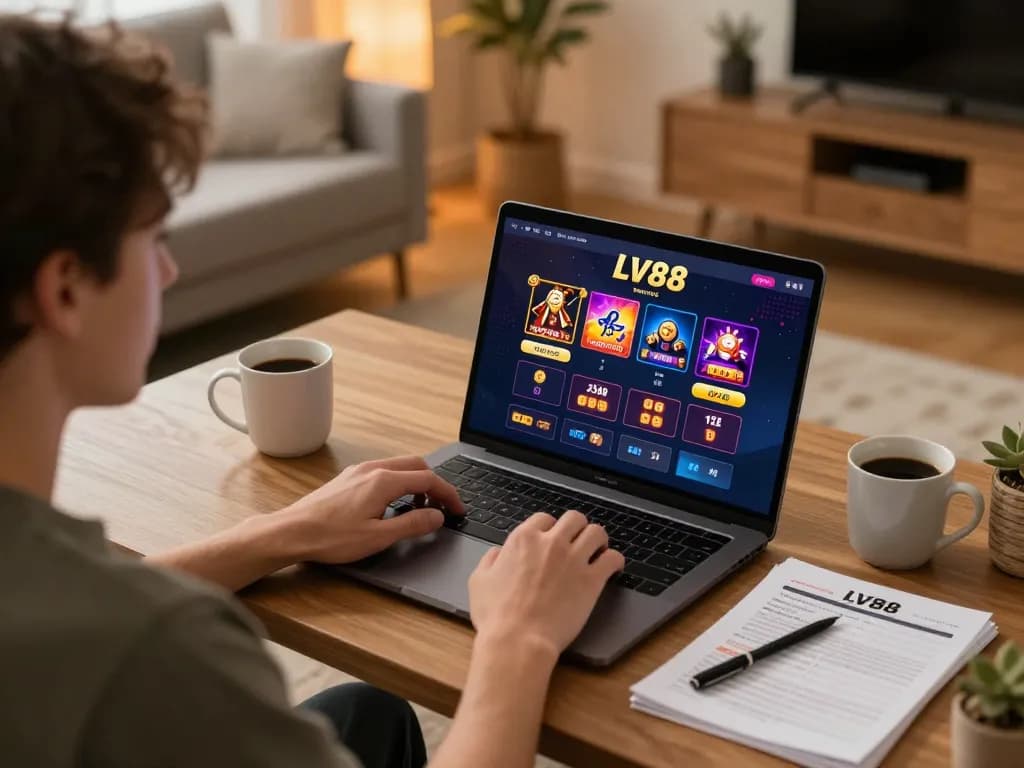Player enjoying online gaming at LV88, strategizing with notes in a cozy home setting