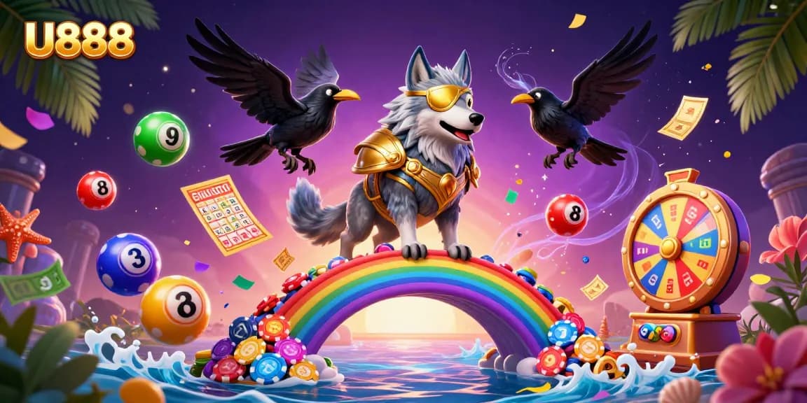 Engage in U888 with colorful lottery balls and a vibrant prize wheel in a lively casino scene.