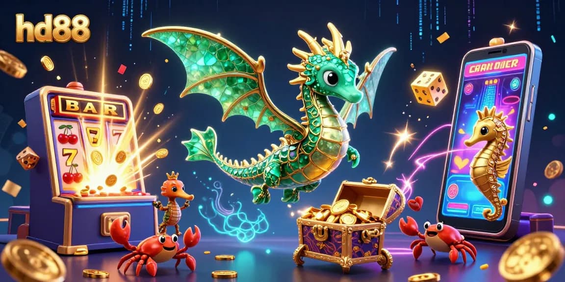 Experience the magic of hd88 with dazzling casino elements like slot machines and sea creatures in this vibrant illustration.