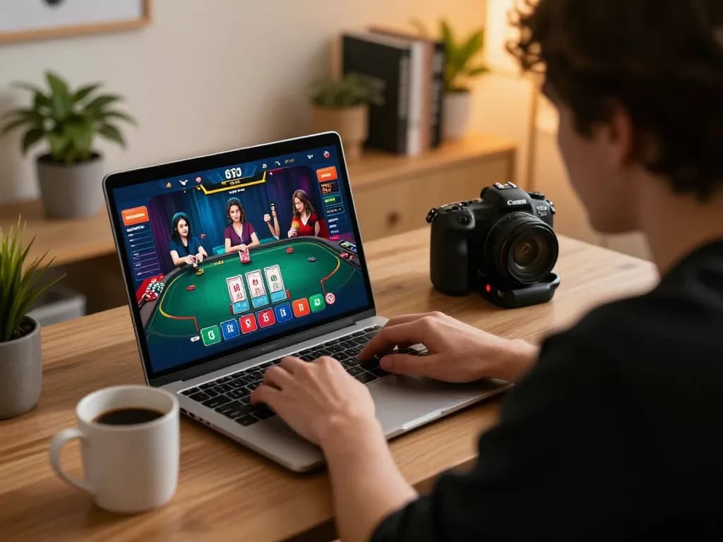 Engaging in online casino gameplay with MB66 live dealer interface visible on laptop screen