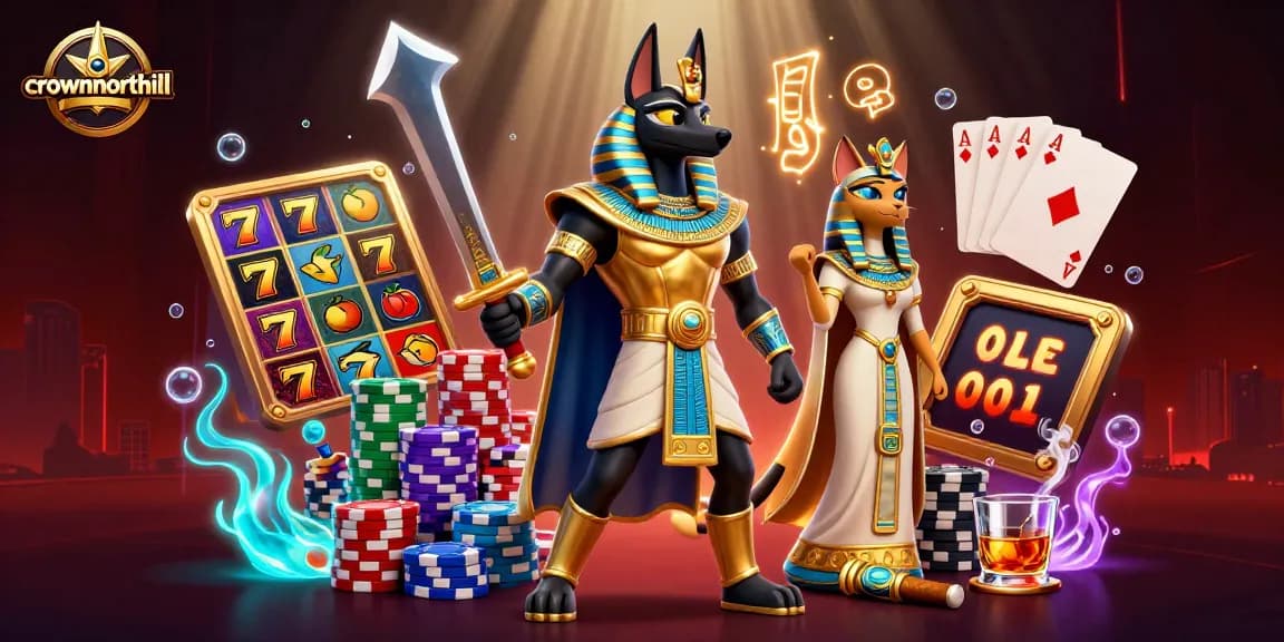 Experience thrilling gameplay at crownnorthill with vibrant slot reels, golden Egyptian characters, and rich visuals.