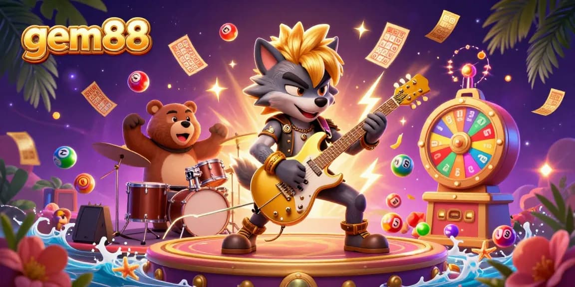 Engage with gem88's vibrant casino scene featuring a rock star wolf and drum bear amidst dynamic lottery actions.