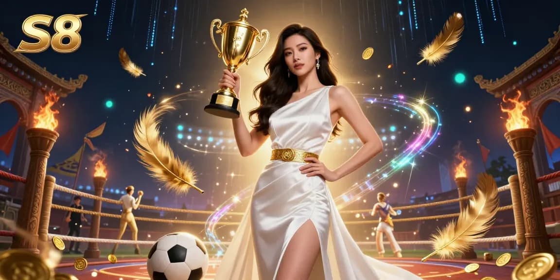 S8 casino betting scene with a confident Asian woman holding a trophy amidst dynamic gaming elements.